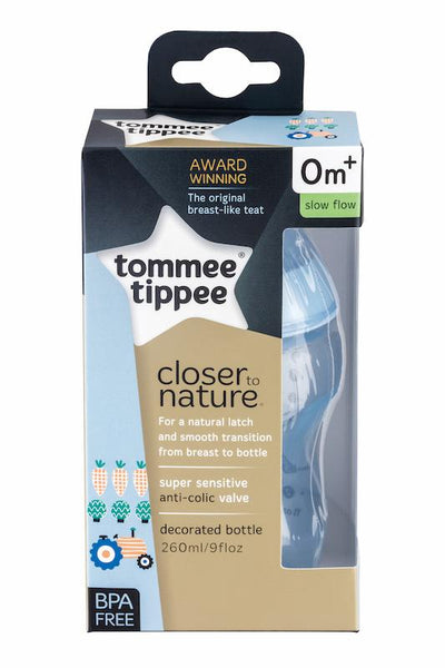 Tommee Tippee 香港 Closer to Nature 260ml 印花奶瓶--藍 nted Deco Bottle 260ml Blue