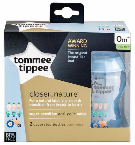 Tommee Tippee 香港 Closer to Nature 260ml 印花奶瓶 (兩個裝) 藍