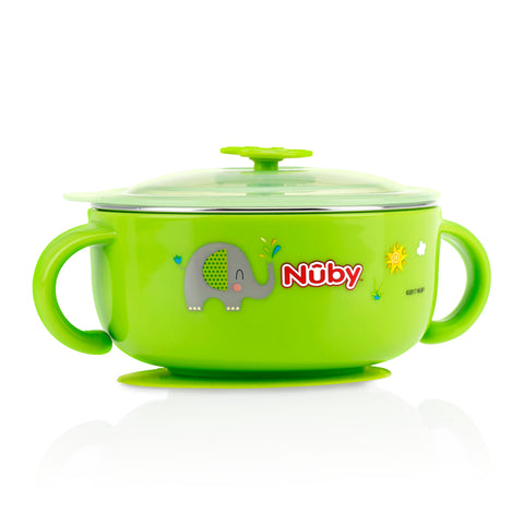 Nuby HK Sale Large Stainless Steel Suction Bowl with Water Reservoir and Lid-Green
